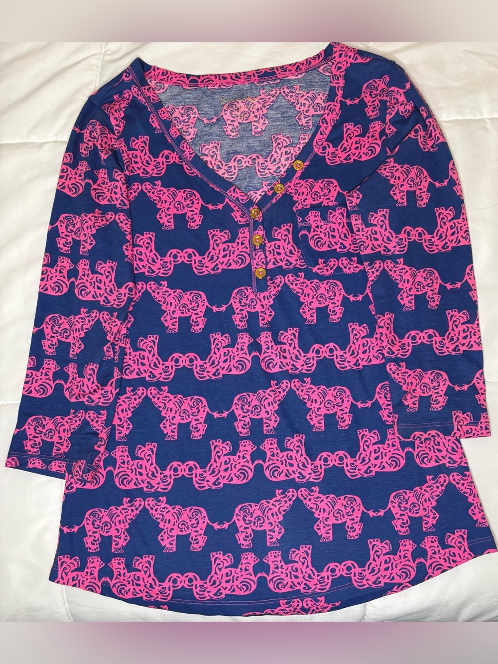 Lilly Pulitzer Navy and Pink Printed Henley Blouse - Picture 4 of 5